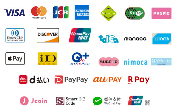 クレジットカード、交通系電子マネー、iD、QUICPay、Apple Pay、Paypay、楽天Payなど